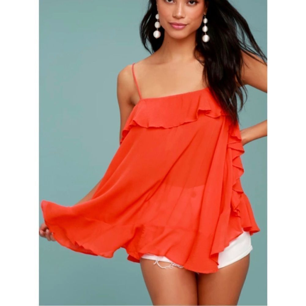 NWT INTIMATELY FREE PEOPLE Fire Orange Semi-sheer Gauze Cascades Ruffle Trim